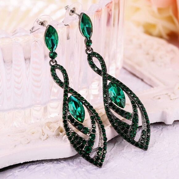 Gun Metal with Emerald Green Austrian Crystal Twisted Chandelier Post Earrings - Picture 2 of 5